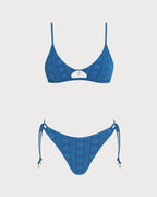 Blue U Neck Floral Textured Bikini Set