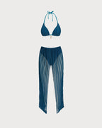 Blue Halter Sequins Drawstring Bikini Set