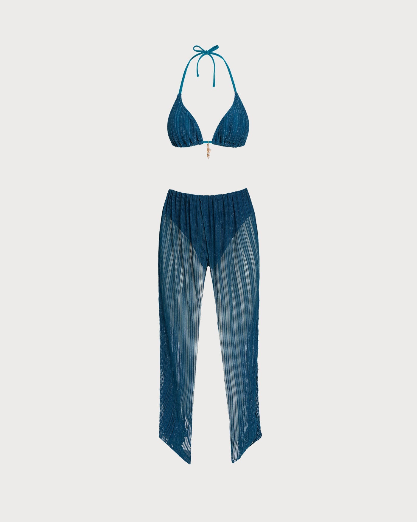 Blue Halter Sequins Drawstring Bikini Set