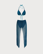 Blue Halter Sequins Drawstring Bikini Set