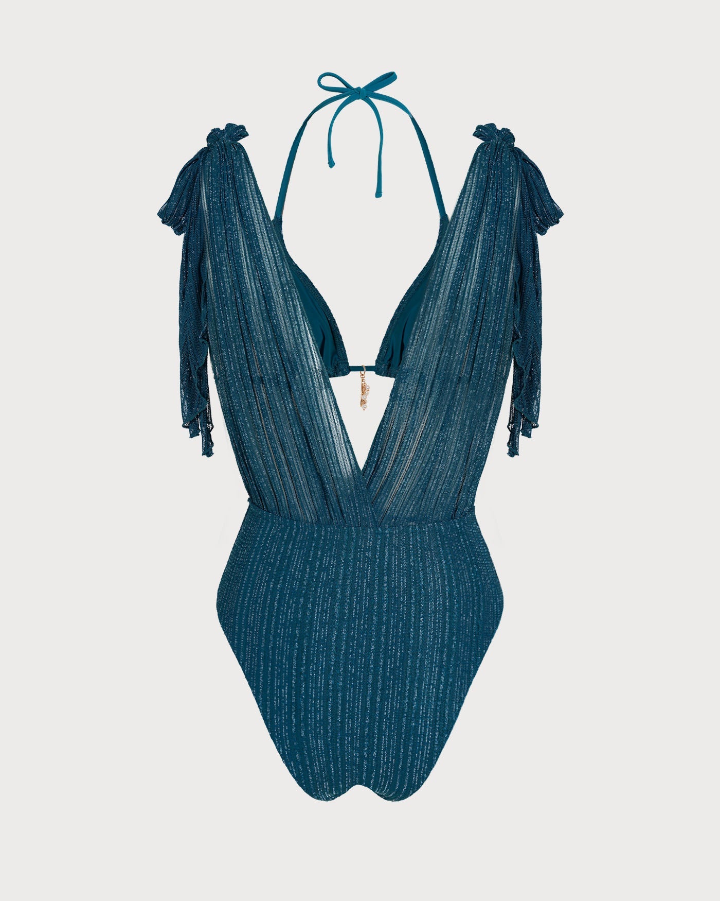 Blue Halter Sequins Drawstring Bikini Set