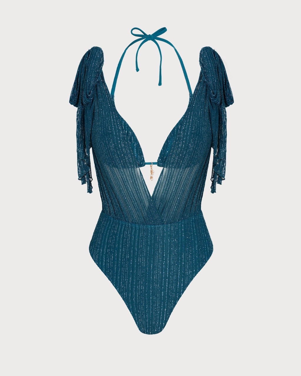 Blue Halter Sequins Drawstring Bikini Set