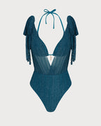 Blue Halter Sequins Drawstring Bikini Set