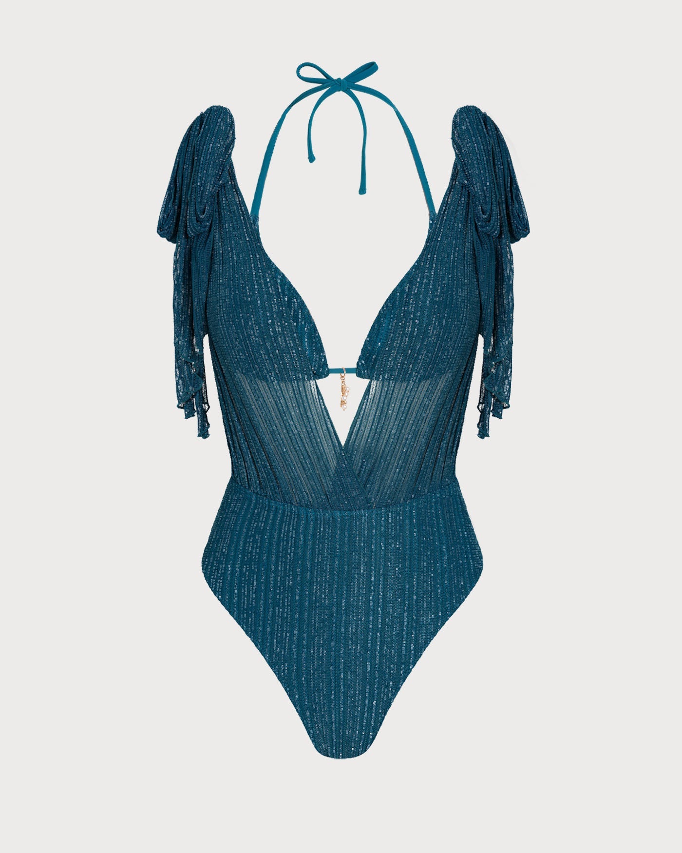 Blue Halter Sequins Drawstring Bikini Set