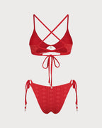Red U Neck Textured Bikini Set