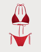 Red Jacquard Halter Drawstring Bikini Set