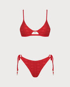 Red U Neck Textured Bikini Set