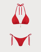 Red Jacquard Halter Drawstring Bikini Set