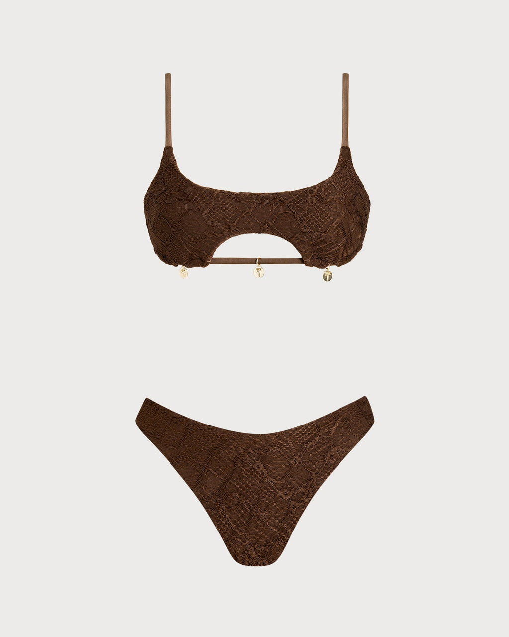 Coffee Square Neck Textured Bandeau Bikini Set