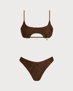 Coffee Square Neck Textured Bandeau Bikini Set