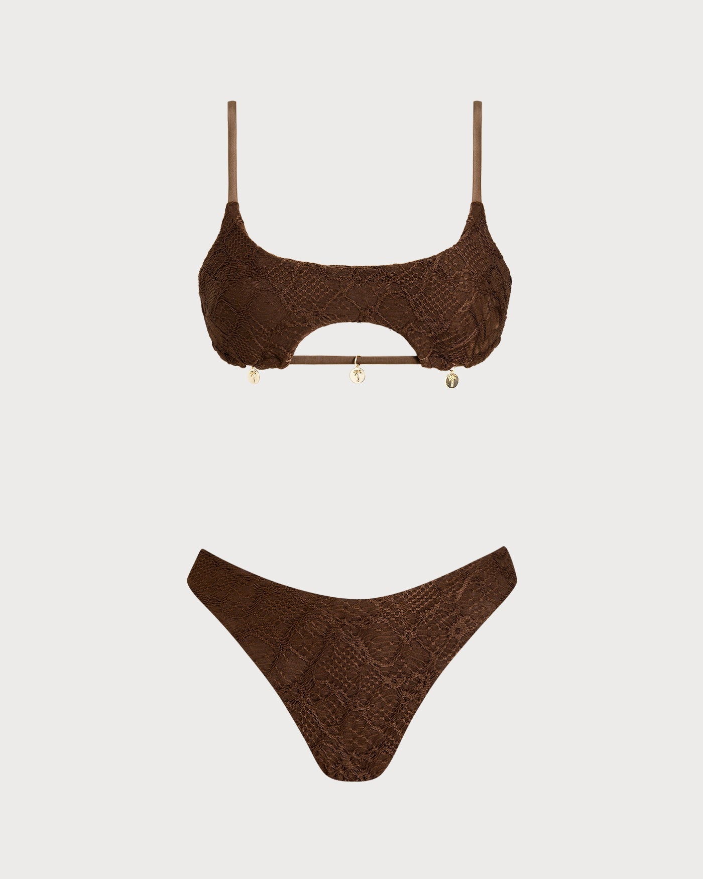 Coffee Square Neck Textured Bandeau Bikini Set