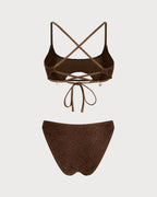 Coffee Square Neck Textured Bandeau Bikini Set