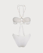 White Halter Jacquard Bandeau Bikini Set