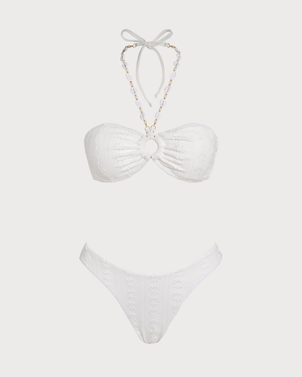 White Halter Jacquard Bandeau Bikini Set