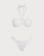 White Halter Jacquard Bandeau Bikini Set