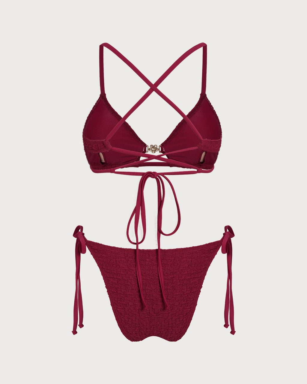 Wine Red Textured Drawstring Bikini Set