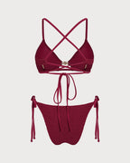 Wine Red Textured Drawstring Bikini Set