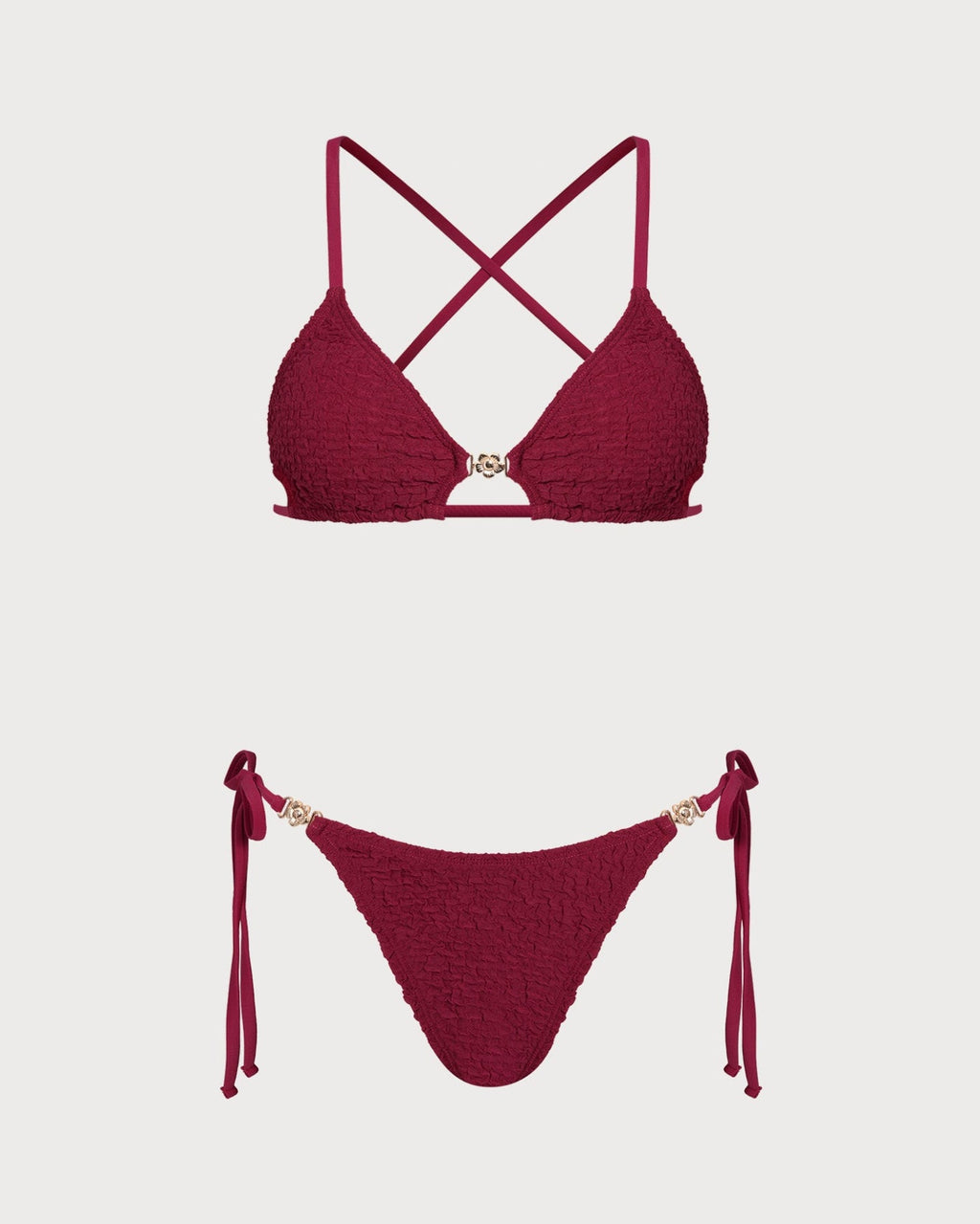 Wine Red Textured Drawstring Bikini Set