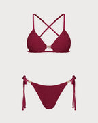 Wine Red Textured Drawstring Bikini Set