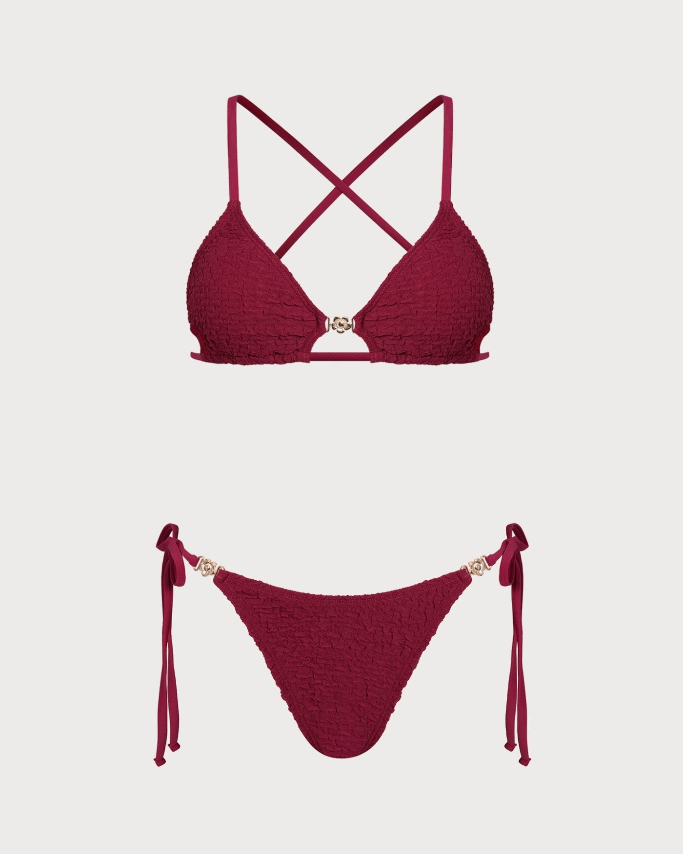 Wine Red Textured Drawstring Bikini Set