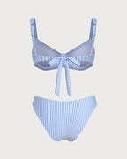 Blue Square Neck Striped Bikini Set