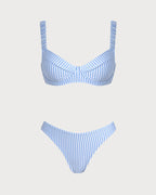 Blue Square Neck Striped Bikini Set