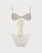 White Textured Drawstring Triangle Bikini Set