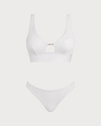 White U Neck Cut Out Tankini Set