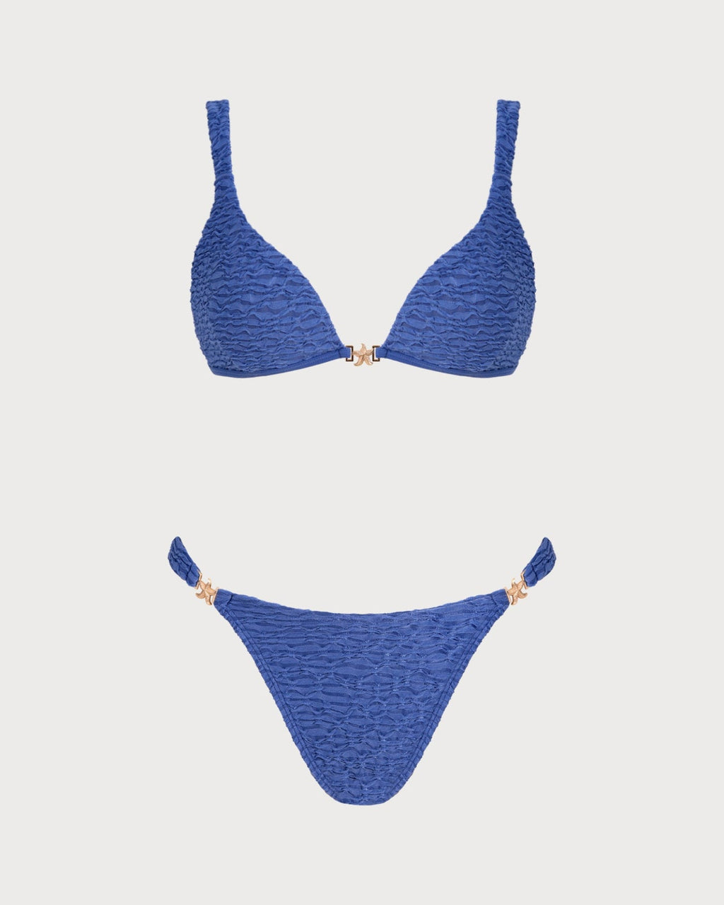Blue V Neck Textured Triangle Bikini Set