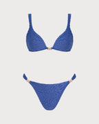 Blue V Neck Textured Triangle Bikini Set