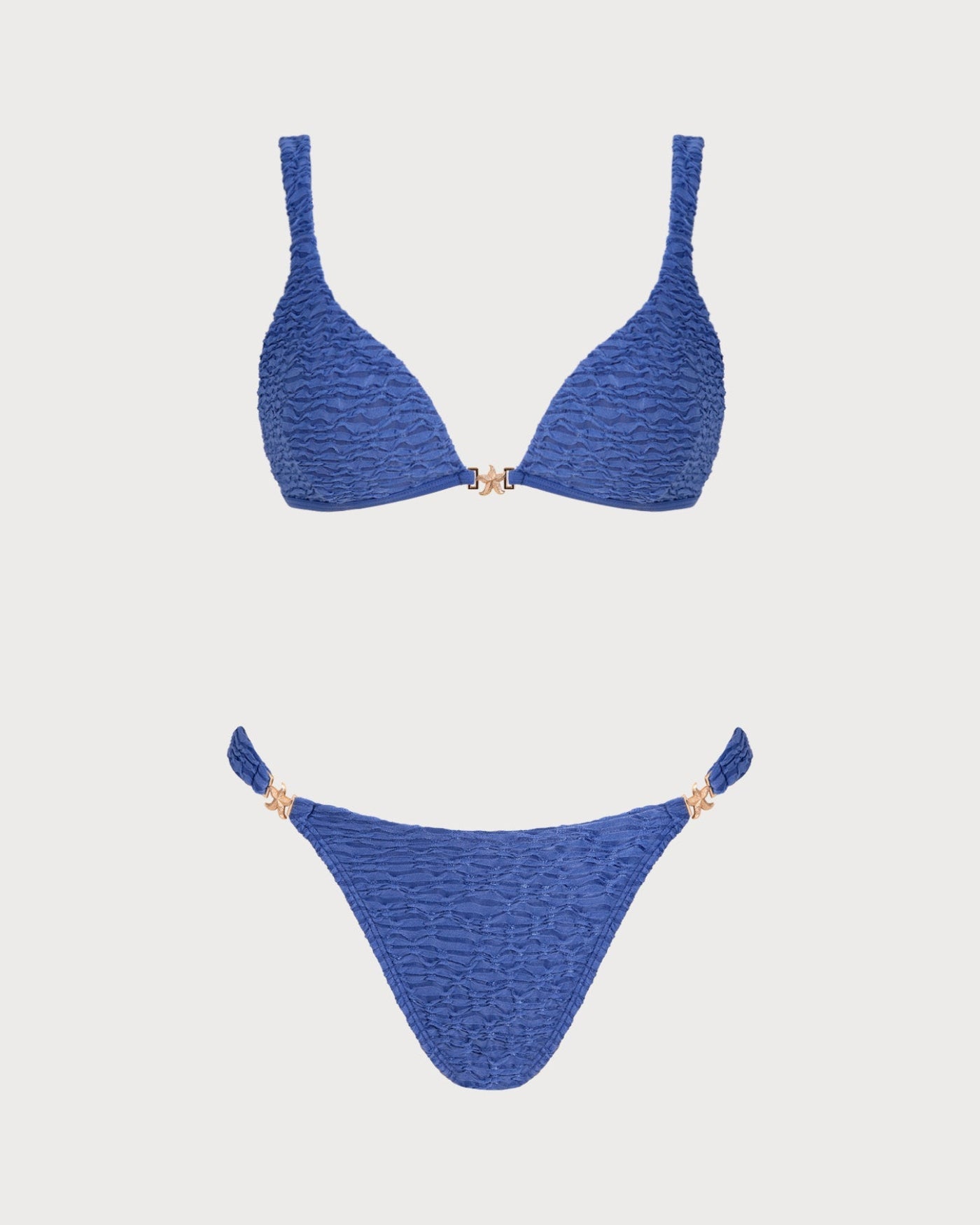 Blue V Neck Textured Triangle Bikini Set