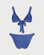 Blue V Neck Textured Triangle Bikini Set