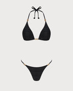 Black Halter Textured Triangle Bikini Set