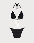 Black Halter Textured Triangle Bikini Set
