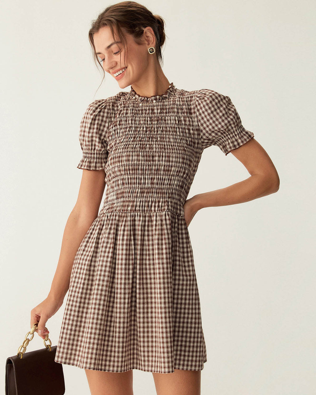 AITANA | Minivestido de manga abullonada en cuadros vichy color café