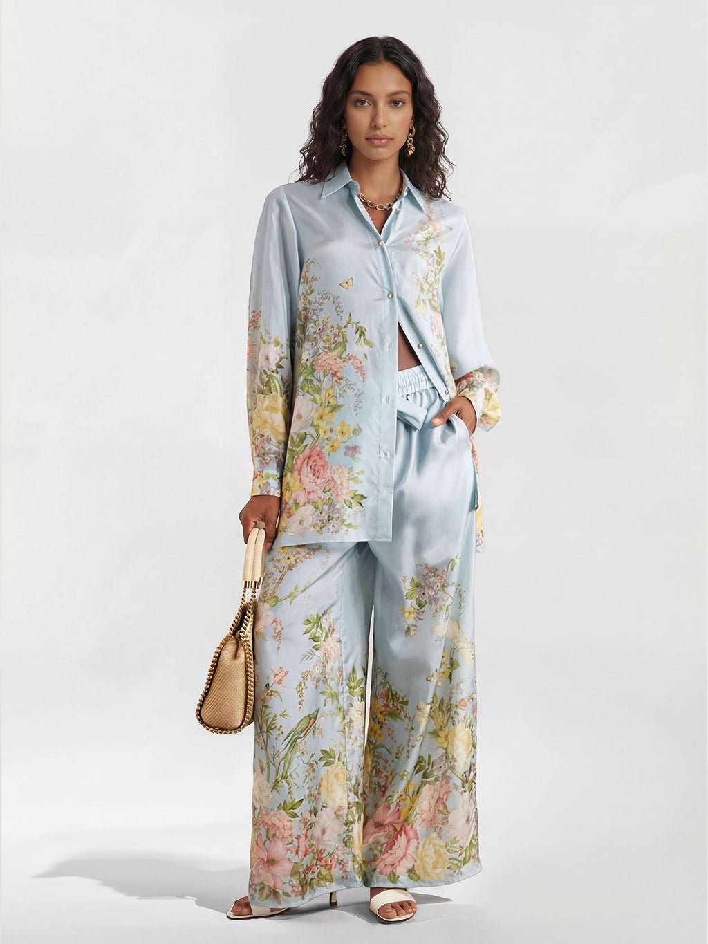 Pastel Floral Wide-Leg Pants
